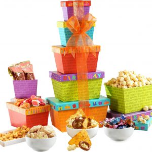 Broadway Basketeers Food Chocolate Gift Basket Tower for Birthdays ?C Curated Snack Box