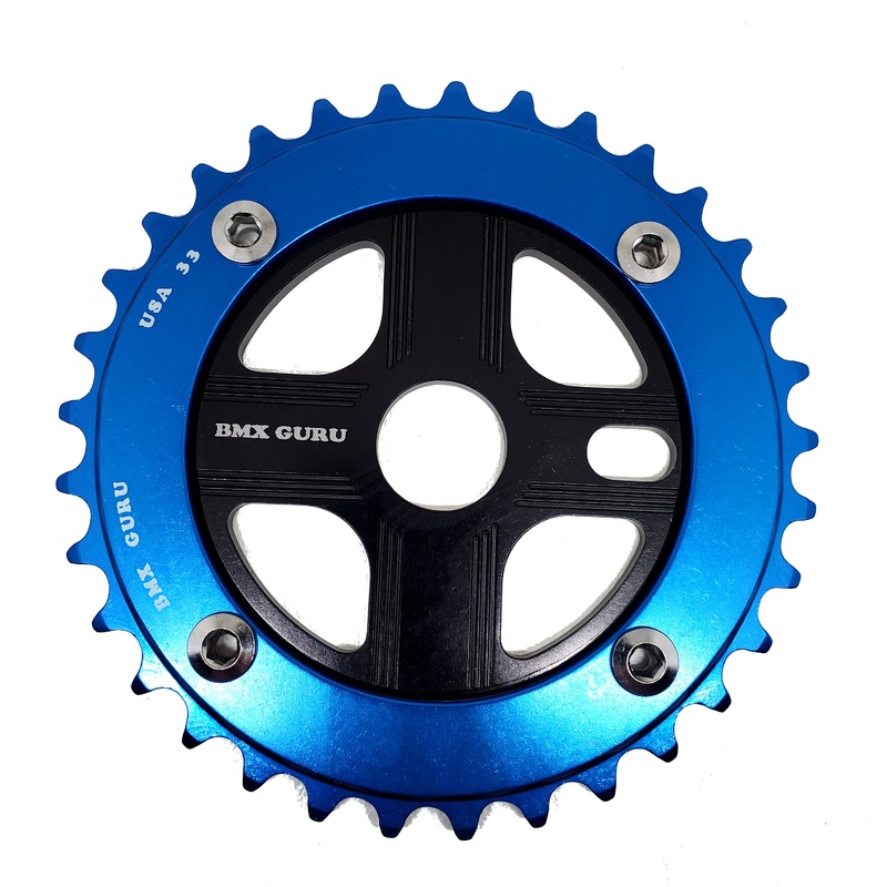 BMXGuru 33T Aluminum Spider & 4-bolt Chainring Combo – Blue over Black – USA Made