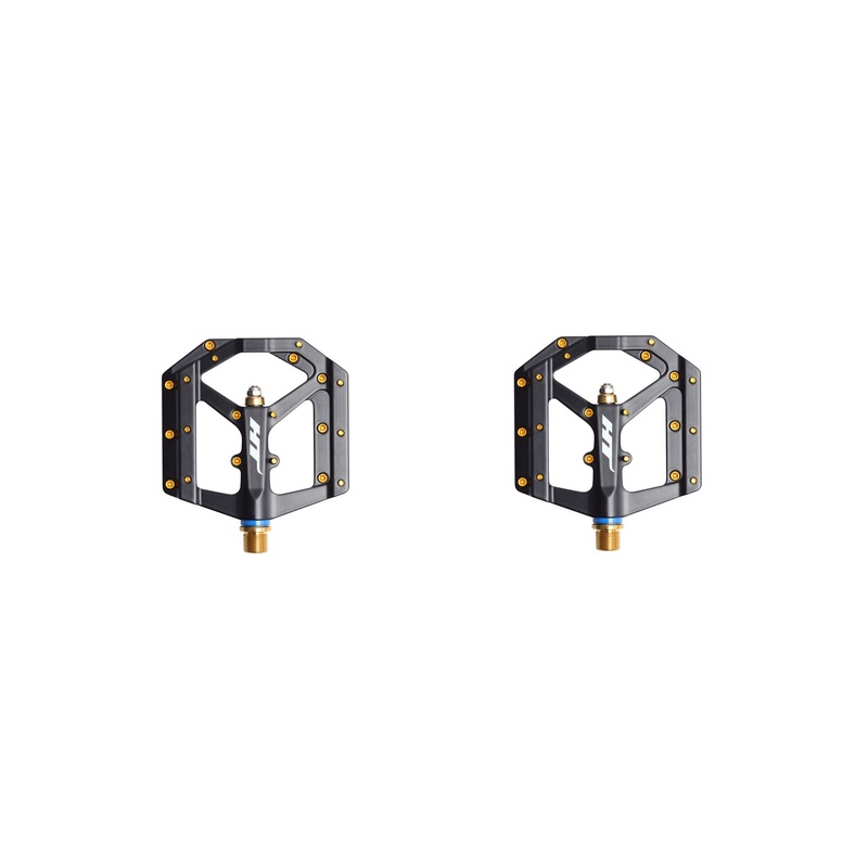 HT Components ME03T Platform Pedals with Titanium 9/16 Spindle Black Gold Pins
