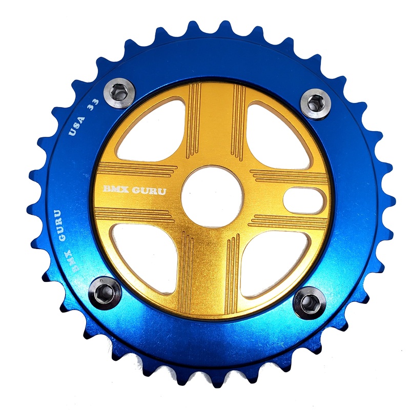 BMXGuru 33T Aluminum Spider & 4-bolt Chainring Combo – Blue over Gold – USA Made