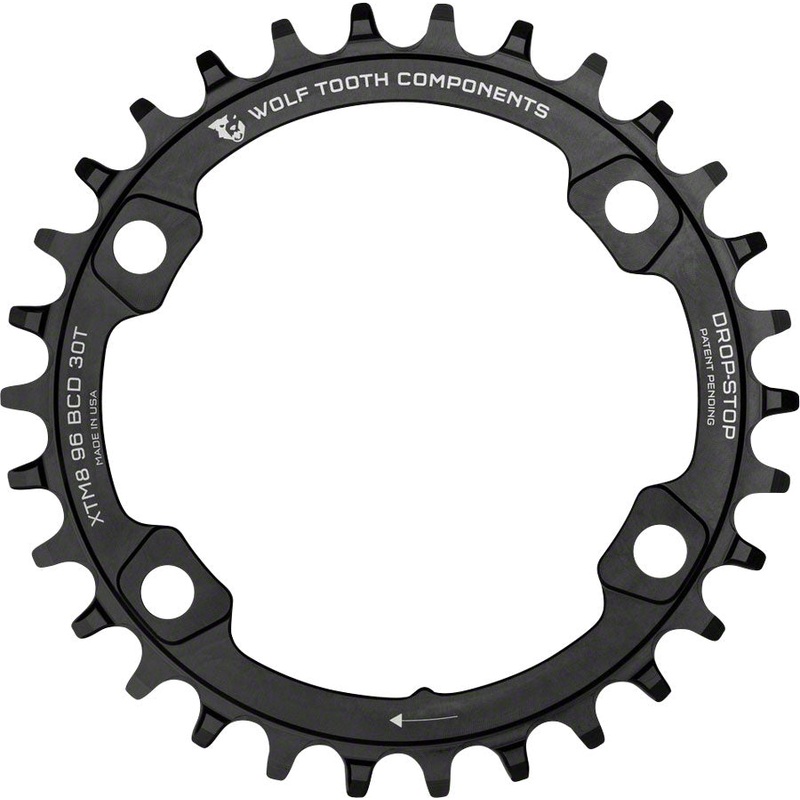 Wolf Tooth 96 BCD Chainring – 30t, 96 Asymmetric BCD, 4-Bolt, Drop-Stop, For Shimano XT M8000 and SLX M7000 Cranks, Black