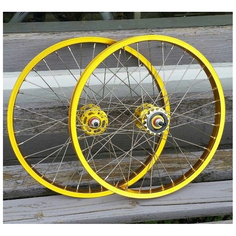 20″ 7X style Sealed Road Flange BMX Wheels w/ 16t – Freewheel – Pair – Gold Anodized