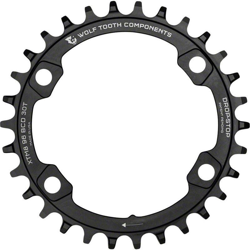 Wolf Tooth 96 BCD Chainring – 38t 96 Asymmetric BCD 4-Bolt Drop-Stop For Shimano XT M8000 and SLX M7000 Cranks Black